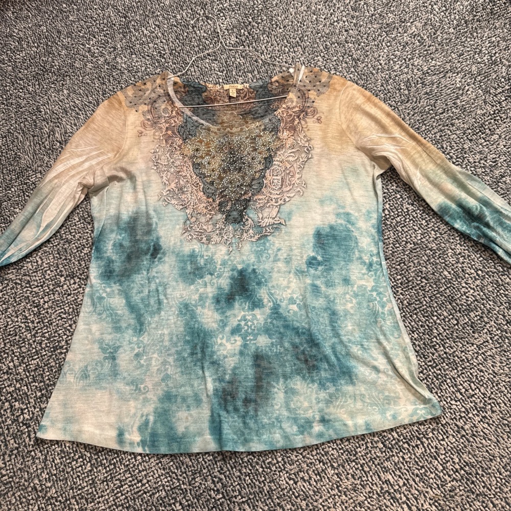 Reba McEntire Embellished Watercolor Long Sleeve Top - Size L - Made in USA